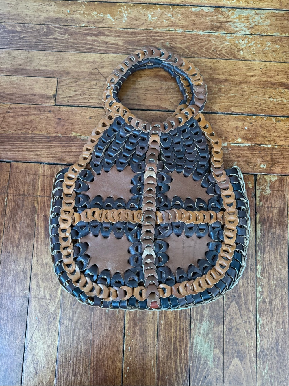 Handwoven Two-Tone Leather Circle-Handle Tote - Brown & Black